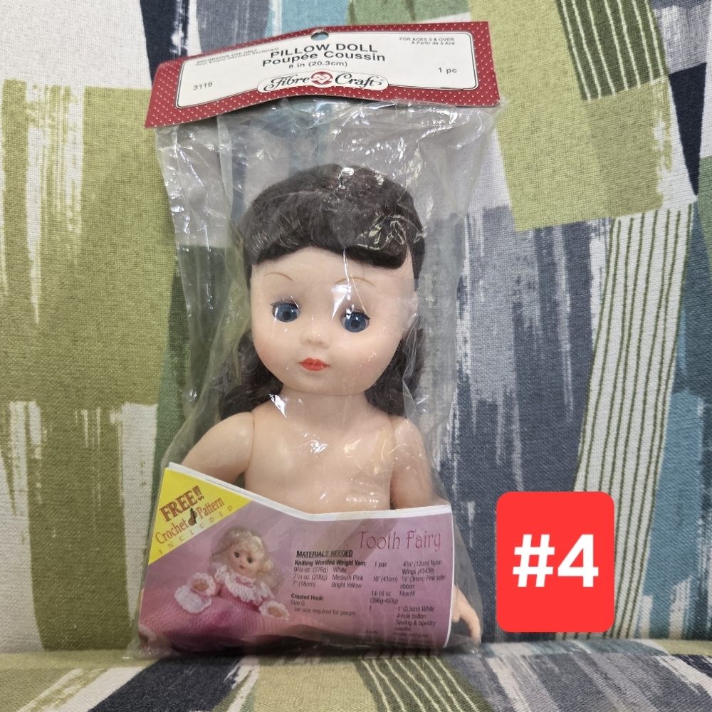 Vtg Fibre Craft Doll Pillow Doll 8" Tall Poupee Coussin Brown Hair Blue Eyes